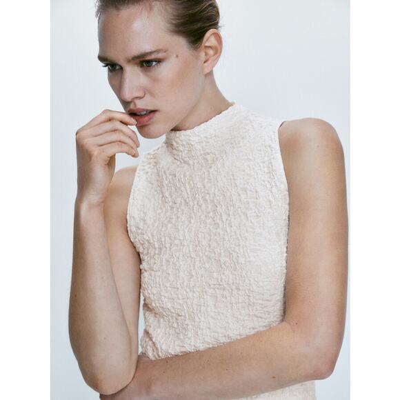 Massimo Dutti Textured Mock Neck Dress Sleeveless Turtleneck Midi, White - Picture 3 of 14